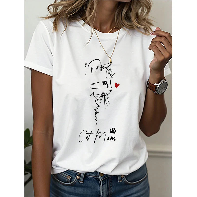 Women's Cat Mom Print Short Sleeve T Shirt 90s Casual Gothic Crew Neck Tees Tops All Seasons Women Cat Face Y2k Tshirt Clothes