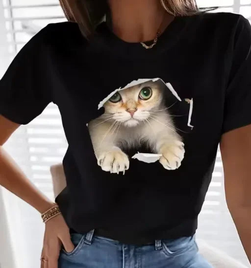 Girls Funny Climb Cute Cat Design Print T-shirt Short Sleeve Neck Casual All Season Women's Clothing Top Tee Ladies' Cat T-shirt