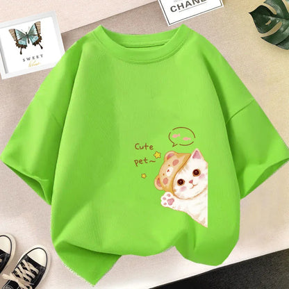 Kids Lovely Cat Pet Animal T Shirt Fashion Summer Girls Cute Casual Top Short Sleeve Tshirts Children Cartoon Graphic Tee