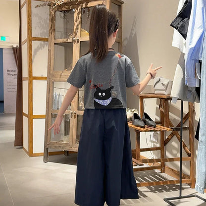 Girls Clothing Set Cartoon Cat Print T-shirt+Straight Through Pants 2Pcs Suit For 2-8 Years Kids Casual Outfit 2025 Summer New
