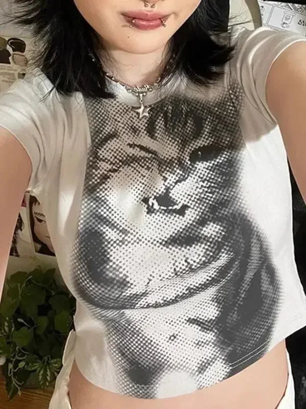 Pure Cotton Sexy Cat Printed Short-sleeved T-shirt for Women with Slim Slim Versatile Top