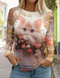 Women's Cute Cat Long Sleeves T-Shirt Round Neck Long Sleeved Autumn Animal Clothing Holiday Gift Clothing Fashion Party T-Shirt