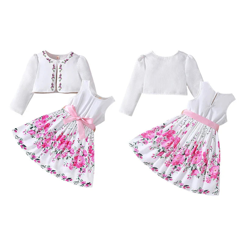 Kids Casual Clothing Sets Outfits for Girls Spring Summer Toddler Floral Print Long Sleeve Coat Tank Dress Children 2 3 4 5 6 7