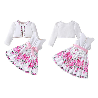 Kids Casual Clothing Sets Outfits for Girls Spring Summer Toddler Floral Print Long Sleeve Coat Tank Dress Children 2 3 4 5 6 7