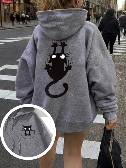 Women's casual hoodie sweatshirt with cute cat pattern print round neck long sleeves for autumn and winter warmth, regular style