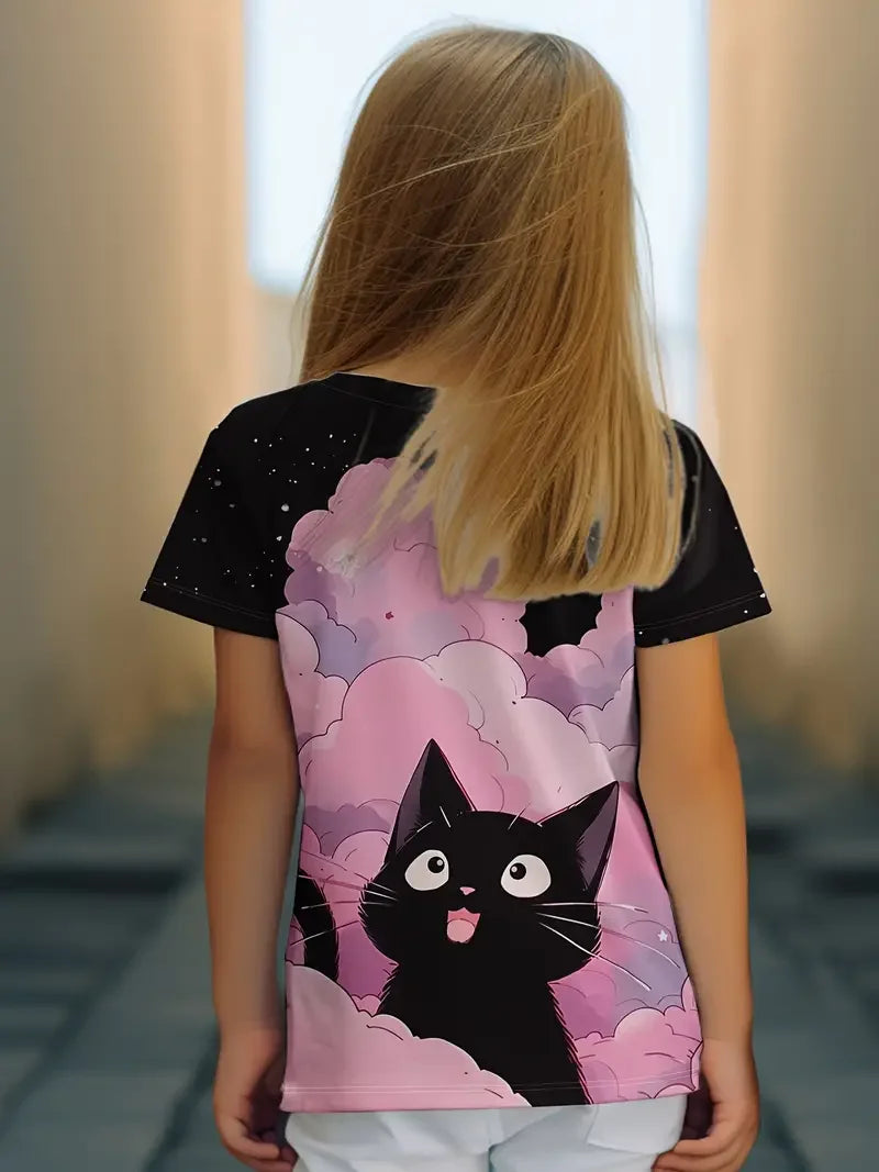 Kids Clothes Children's T-Shirt Girl Short Sleeve Top Cartoon Cat Kawaii Girls Summer Clothes Child T-Shirt  Children's Clothing