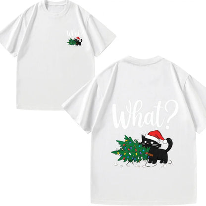Men's T-Shirt Black Cat with Christmas Tree & What? Print Xmas Party Gift Idea Festive Season Top