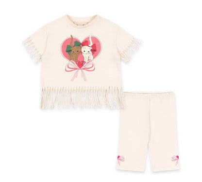 Summer 2025 KS Children Clothes Set Girls Cute Cat Print Tassels T-shirts Shorts Suit Kids Thin Soft Sling Dresses Girl Clothing