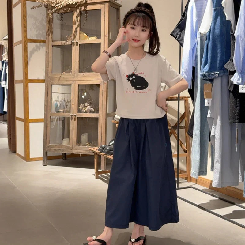 Girls Clothing Set Cartoon Cat Print T-shirt+Straight Through Pants 2Pcs Suit For 2-8 Years Kids Casual Outfit 2025 Summer New