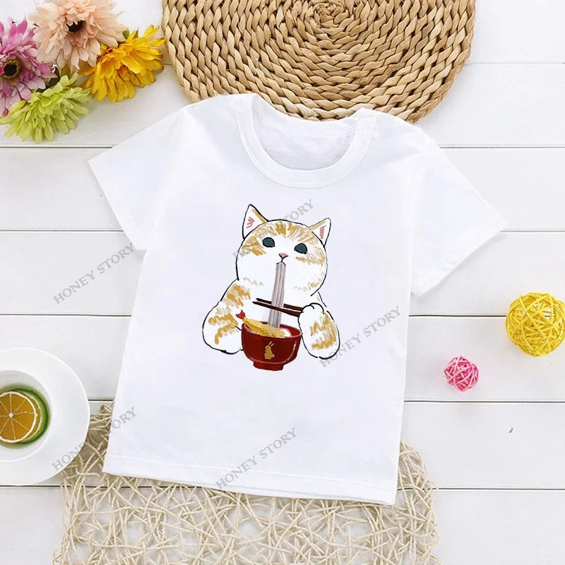 Cats Kids T Shirt Personalized Cartoon Cat Print Fashion Children's T-shirt Short Sleeve Children's Summer Boys Clothes Tops Tee