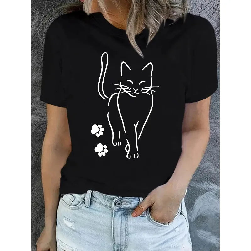 Women's Cat Printed Round Neck Loose T-shirt with Simple Lines Cat Plus Size Comfortable and Casual Black Short Sleeved Top