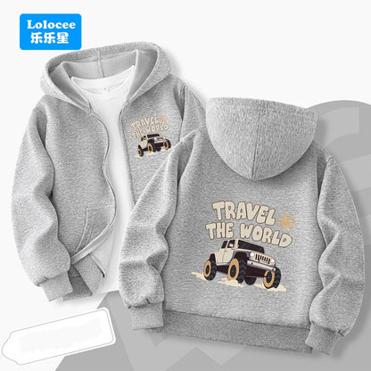 Cute Black Cat Print Zip-up Jacket Spring Boys Hooded Sweatshirt Cartoon Zipper Coat Autumn Kids Outdoor Hoodie Clothing MKA1