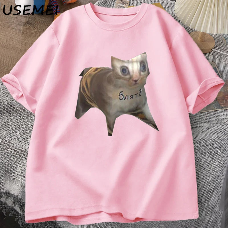 Russian Cat Meme T-shirts Funny Graphic Print Cat T Shirt Women Men Casual Cotton T-shirt Unisex Oversized Tee Shirt Man Clothes