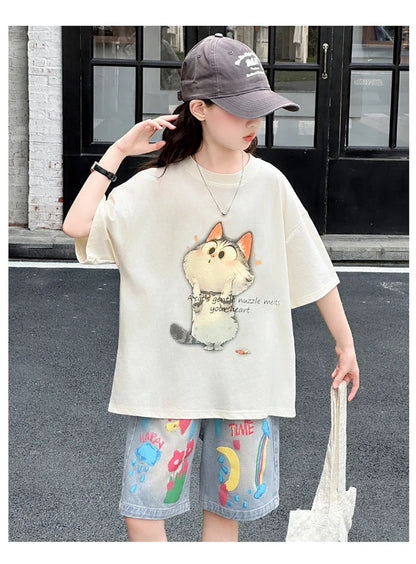 Kids Summer Cartoon Cat Print Tracksuit for Teenage Girl 5 6 7 8 9 10 11 12 13 14 Years Old Child Casual Top Bottom Clothes Set