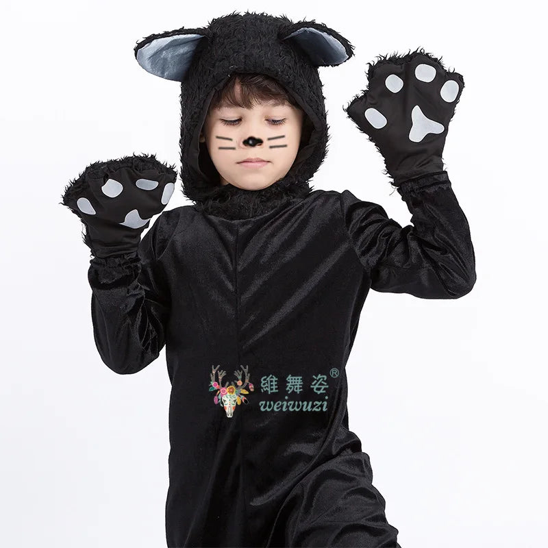 Children's Day Black Cat Cosplay Kids Costume Cute Kitten Animal Onesie Gloves Hat Suit Suitable for Stage Show Halloween Party