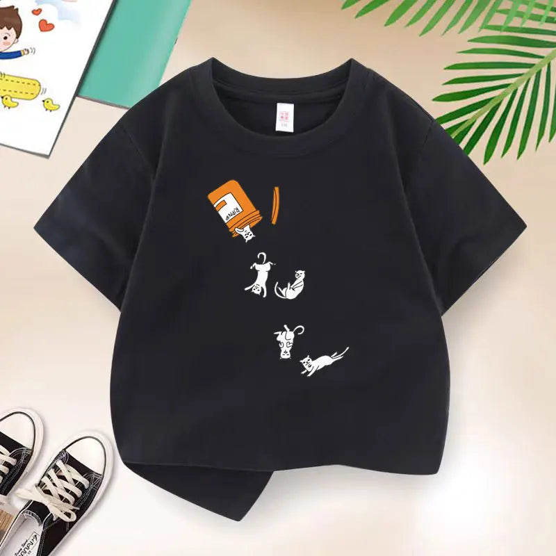 Korean Cat Brother Children Clothing New Boys T-shirt Casual Summer Top Cotton Kids Short Sleeves Baby Kids T Shirt 2-12 Years