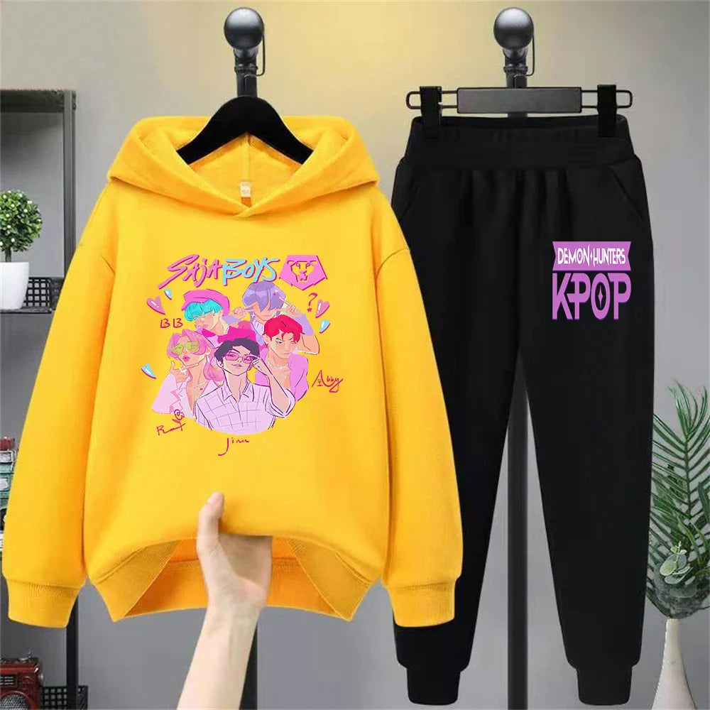 Kids Hoodie Set with Cartoon Blue Cat & Bird Print, Casual Long - Sleeve Top + Pants Outfit for Boys Girls, Comfortable Children