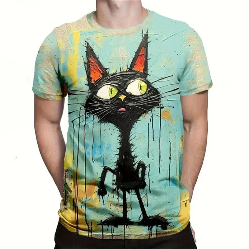 Cute Cat Pattern T-Shirt For Men Animal 3D Printed T Shirts Summer Fashion Casual Street Short Sleeve Tees Loose Crew Neck Tops