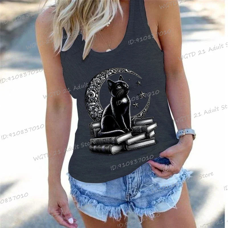 Women's Vintage Cat Books Clothing Summer Casual Loose Reading Club Members Vests Fashion Bookishness Sleeveless Tank Top