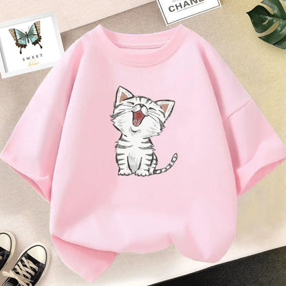 Kids Lovely Cat Pet Animal T Shirt Fashion Summer Girls Cute Casual Top Short Sleeve Tshirts Children Cartoon Graphic Tee