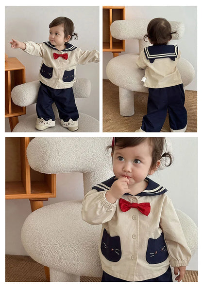MILANCEL New Autumn Kids Clothes 9M-5T Sweet Cartoon Cat Girls Navy Style Coat +Wide Leg Pants Loose Korean Children Outfit 2PCS