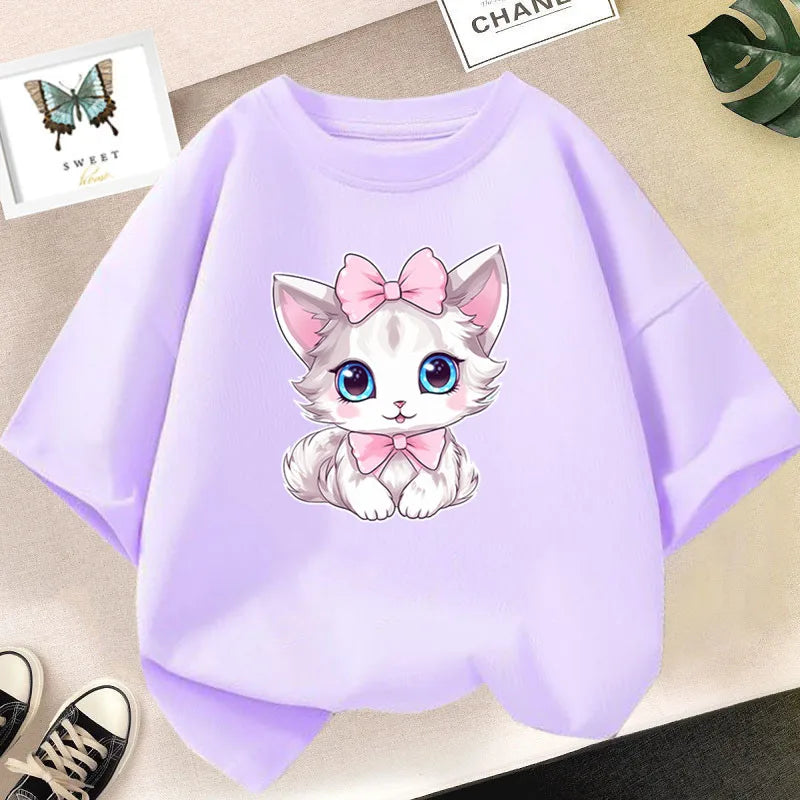 Kids Lovely Cat Pet Animal T Shirt Fashion Summer Girls Cute Casual Top Short Sleeve Tshirts Children Cartoon Graphic Tee
