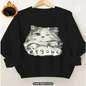 Womens Light Grey Sweatshirt Winking Cat Graphic Print Fleece Lined Casual Oversized Pullover Top for Cat Lovers Pure Cotton