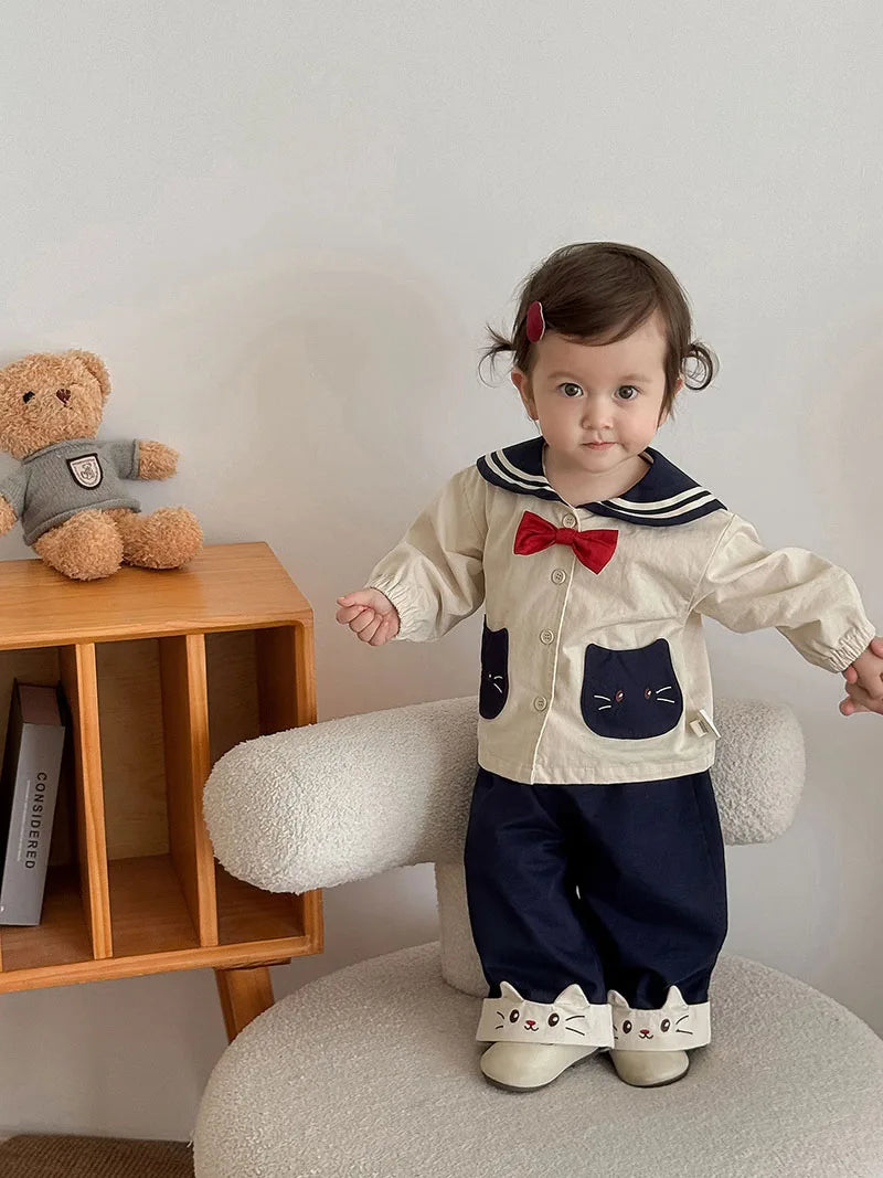 MILANCEL New Autumn Kids Clothes 9M-5T Sweet Cartoon Cat Girls Navy Style Coat +Wide Leg Pants Loose Korean Children Outfit 2PCS