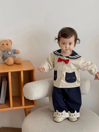 MILANCEL New Autumn Kids Clothes 9M-5T Sweet Cartoon Cat Girls Navy Style Coat +Wide Leg Pants Loose Korean Children Outfit 2PCS