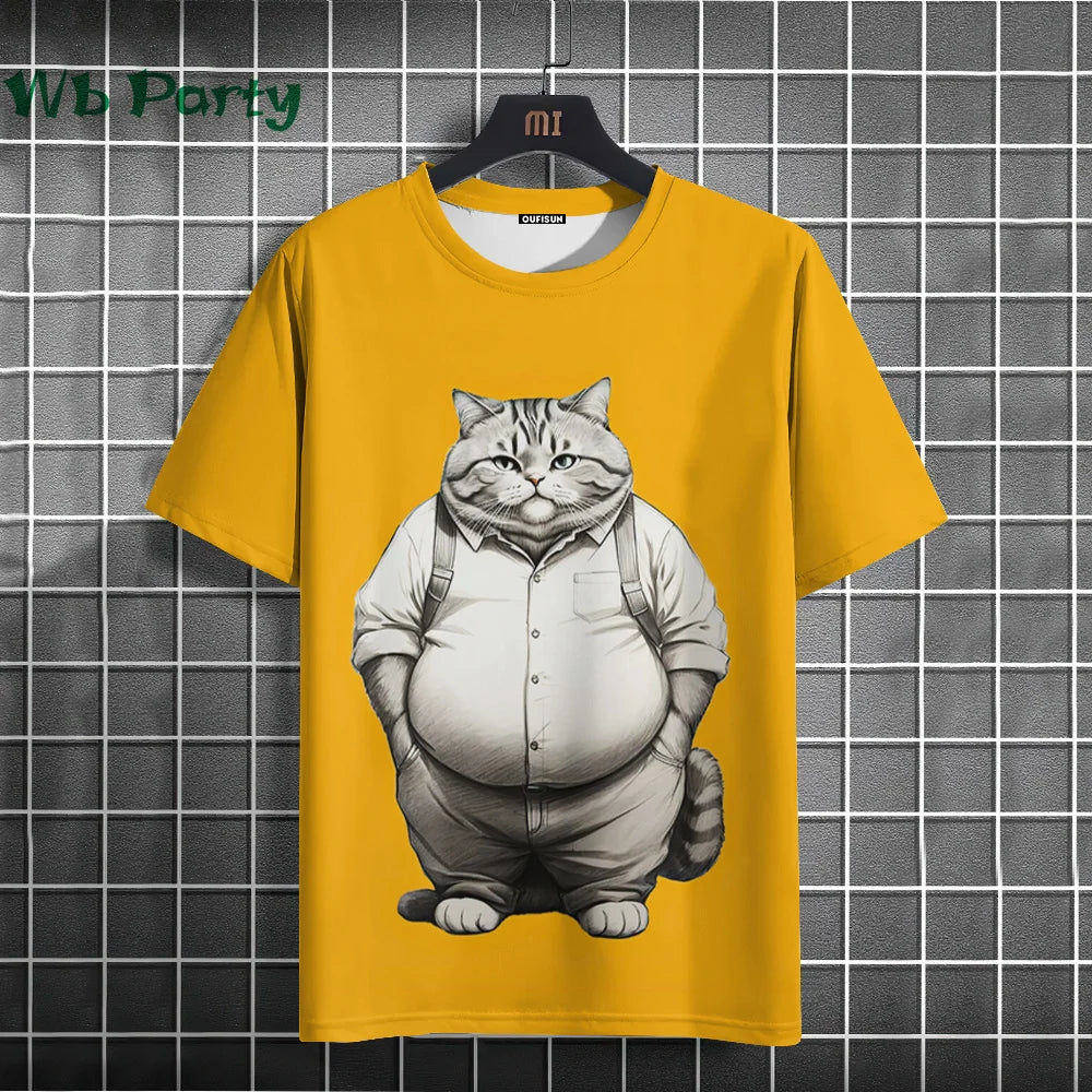 Cat Print T-shirts for Men Casual Short Sleeved Tee Oversized Mens Clothing Men's Funny T-shirt Animal Print Graphic T shirts