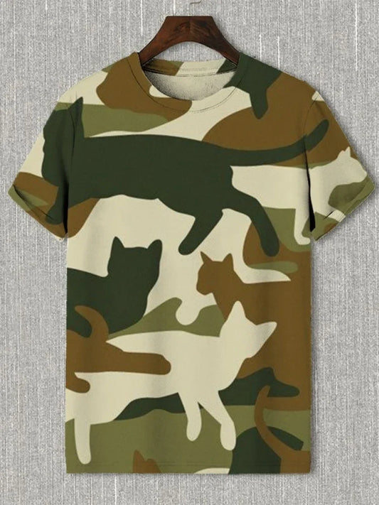 Men's Camo Cat Art Print T-Shirt Fashion Streetwear Short Sleeve Tees Summer 2025 Harajuku Oversized Crew Neck Tops Tunics