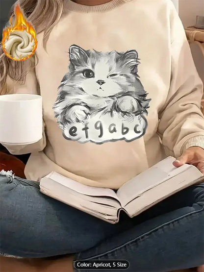 Womens Light Grey Sweatshirt Winking Cat Graphic Print Fleece Lined Casual Oversized Pullover Top for Cat Lovers Pure Cotton