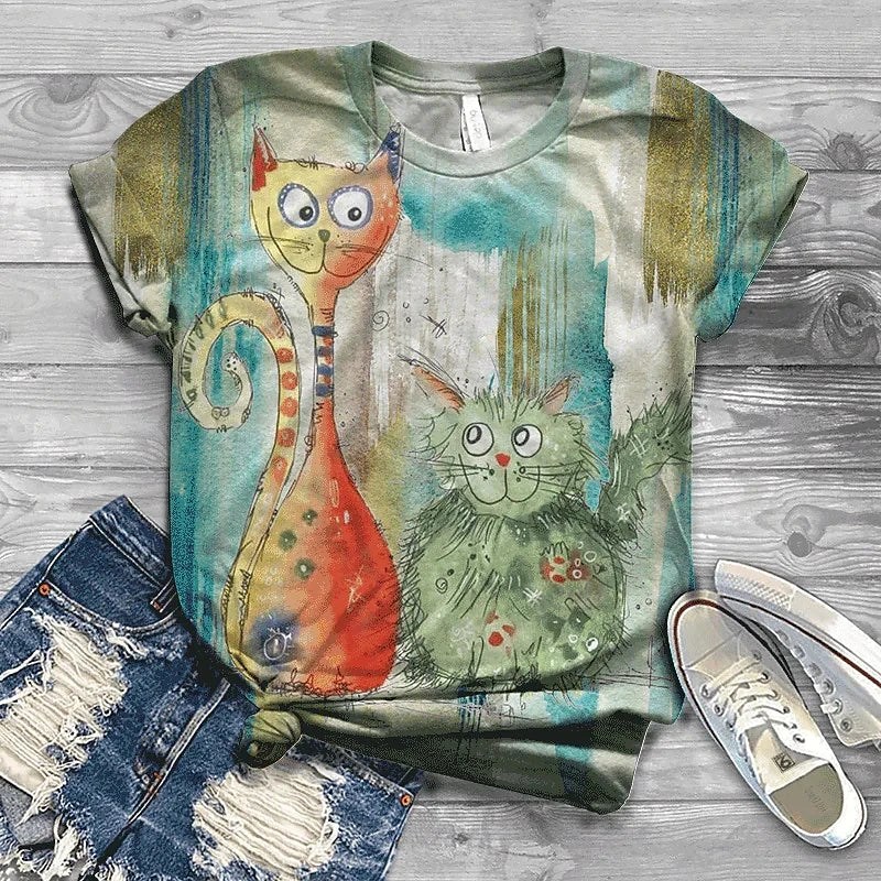 Cat Short Sleeve Cartoon Cat Women's T-Shirt Summer Fashion 3d Cartoon Women Clothing T Shirt For Women Daily Casual Top Tee