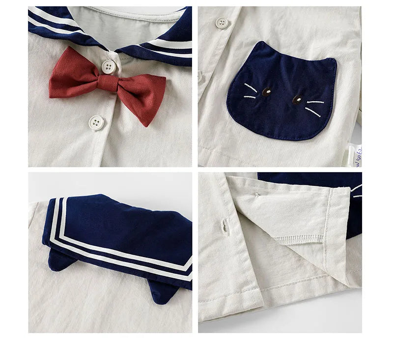 MILANCEL New Autumn Kids Clothes 9M-5T Sweet Cartoon Cat Girls Navy Style Coat +Wide Leg Pants Loose Korean Children Outfit 2PCS