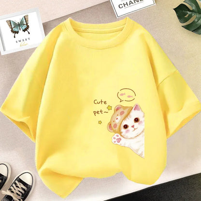 Kids Lovely Cat Pet Animal T Shirt Fashion Summer Girls Cute Casual Top Short Sleeve Tshirts Children Cartoon Graphic Tee