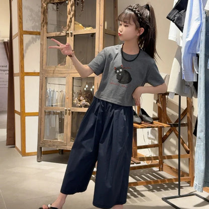 Girls Clothing Set Cartoon Cat Print T-shirt+Straight Through Pants 2Pcs Suit For 2-8 Years Kids Casual Outfit 2025 Summer New