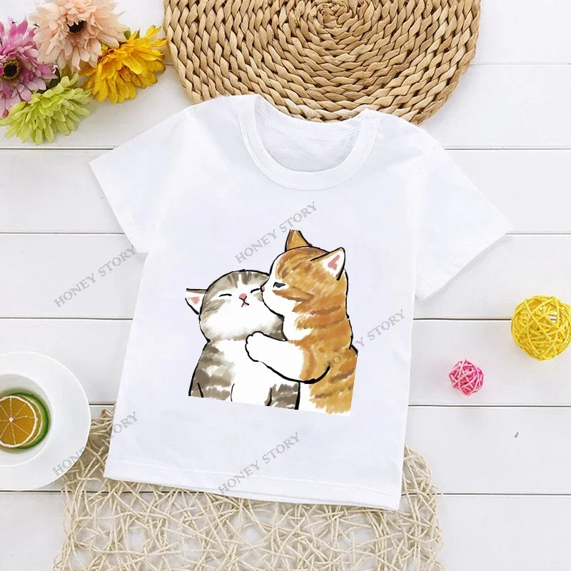 Cats Kids T Shirt Personalized Cartoon Cat Print Fashion Children's T-shirt Short Sleeve Children's Summer Boys Clothes Tops Tee