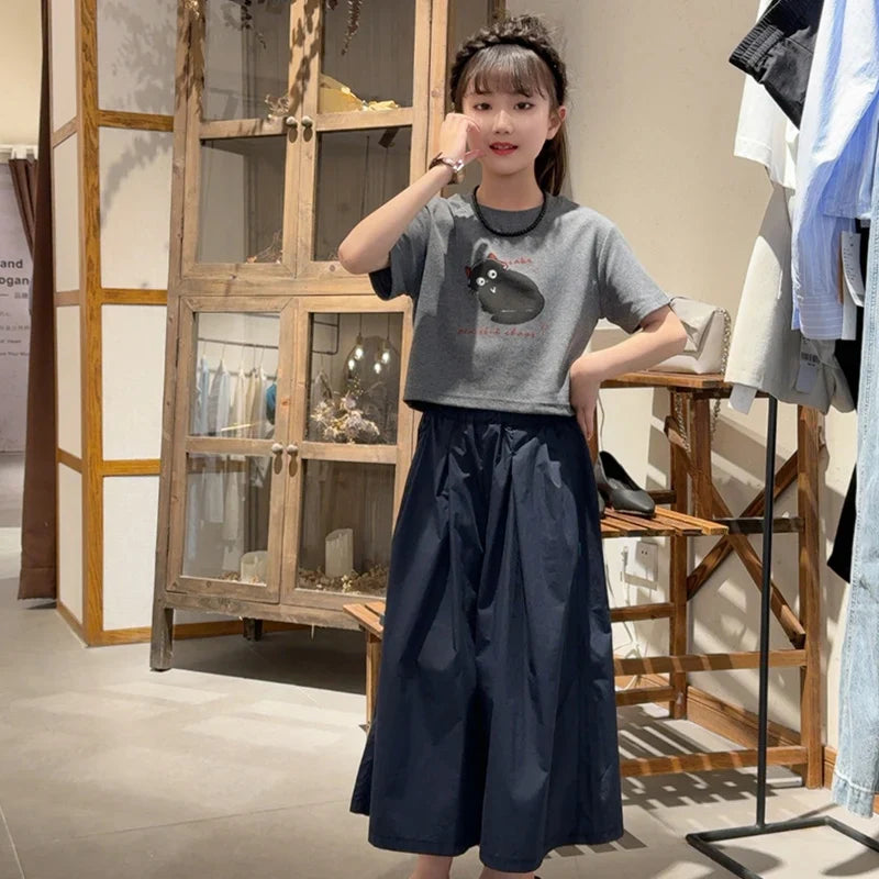 Girls Clothing Set Cartoon Cat Print T-shirt+Straight Through Pants 2Pcs Suit For 2-8 Years Kids Casual Outfit 2025 Summer New