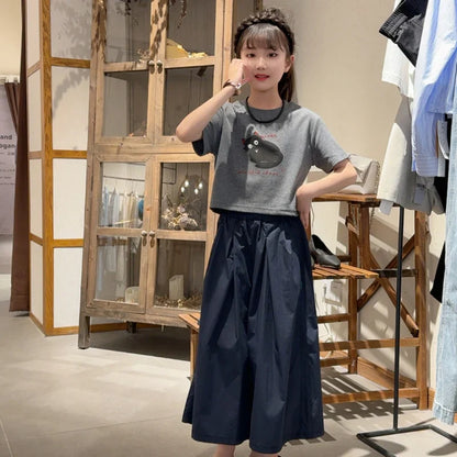 Girls Clothing Set Cartoon Cat Print T-shirt+Straight Through Pants 2Pcs Suit For 2-8 Years Kids Casual Outfit 2025 Summer New