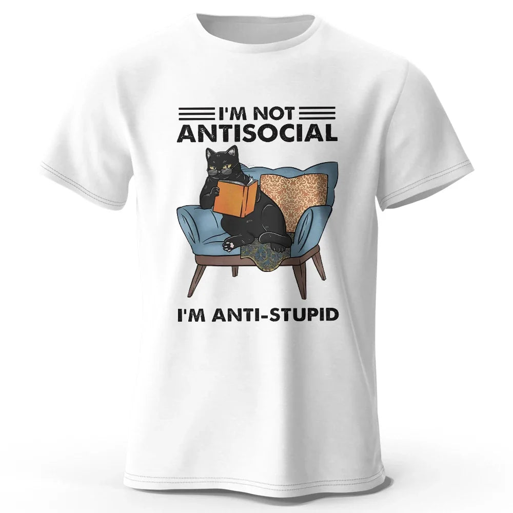 Men's I Am Not Anti Social Printed T-Shirt 100% Cotton Oversized Funny Cat Graphic Tees for Men Women Summer Tops
