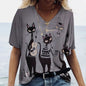 Women's T-shirt Cartoon Cat Print Summer Short Sleeve V-Neck Kawaii Fashion Casual Tee Shirts With Cat Funny Femininity Clothing