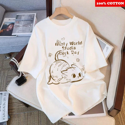 Korean Cute Cat Print T-shirt Women Summer 2025 New Round neck Short Sleeve T-shirt Loose Casual Y2k Tops kawaii Female clothing