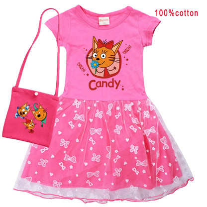 Kid-e-cats Clothes Kids Three Kitten Russian Cartoon Clothing Baby Girl Halloween Costume Dresses Children Princess Vestidos Bag