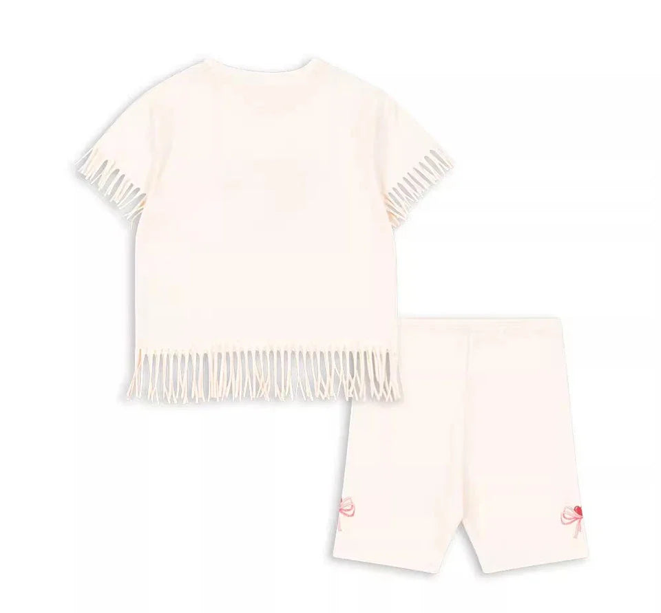 Summer 2025 KS Children Clothes Set Girls Cute Cat Print Tassels T-shirts Shorts Suit Kids Thin Soft Sling Dresses Girl Clothing