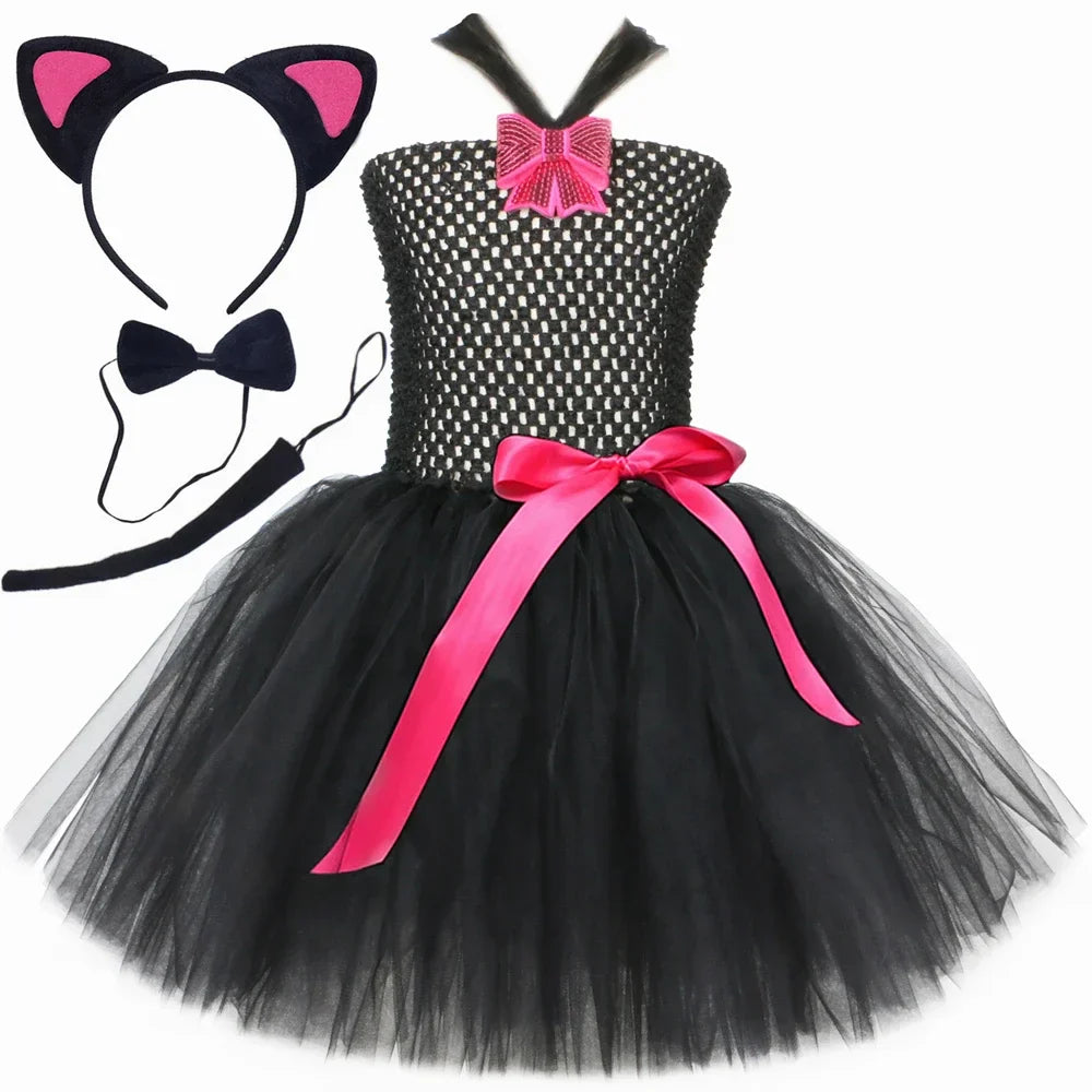 Black Cat Costume for Girls Carnival Party Fancy Dress Up Clothes Outfit Toddler Kids Halloween Tutu Dress Animal Kitty Costumes