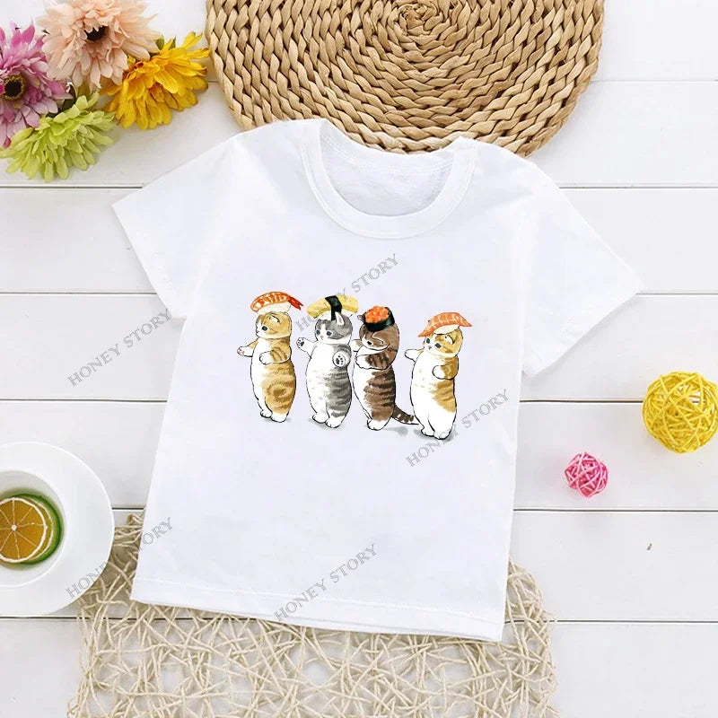 Cats Kids T Shirt Personalized Cartoon Cat Print Fashion Children's T-shirt Short Sleeve Children's Summer Boys Clothes Tops Tee