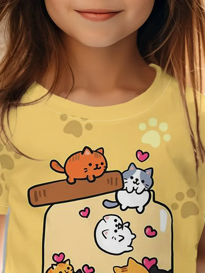 Kids Clothes Children's T-Shirt Girl Short Sleeve Top Cartoon Cat Kawaii Girls Summer Clothes Child T-Shirt  Children's Clothing