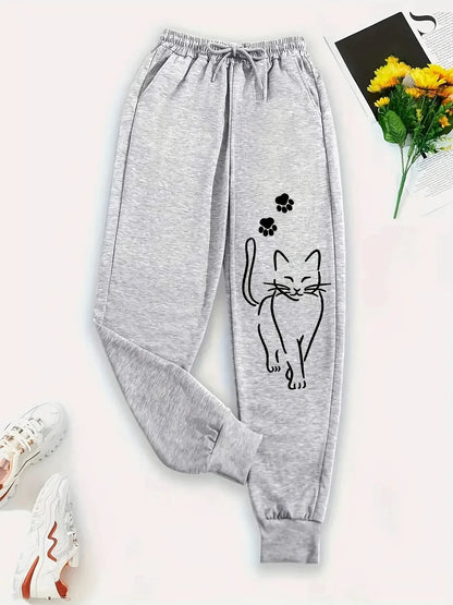 Elegant Cat Print Casual Versatile Women Pants Fashion Trendy Trousers With Drawstring Pockets Comfortable Sweatpants Female