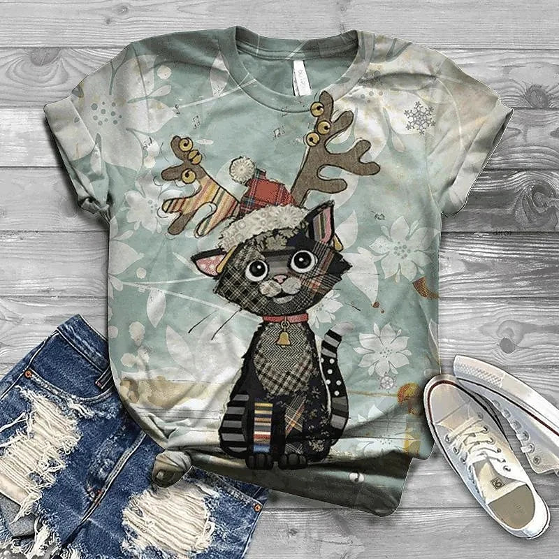 Cat Short Sleeve Cartoon Cat Women's T-Shirt Summer Fashion 3d Cartoon Women Clothing T Shirt For Women Daily Casual Top Tee