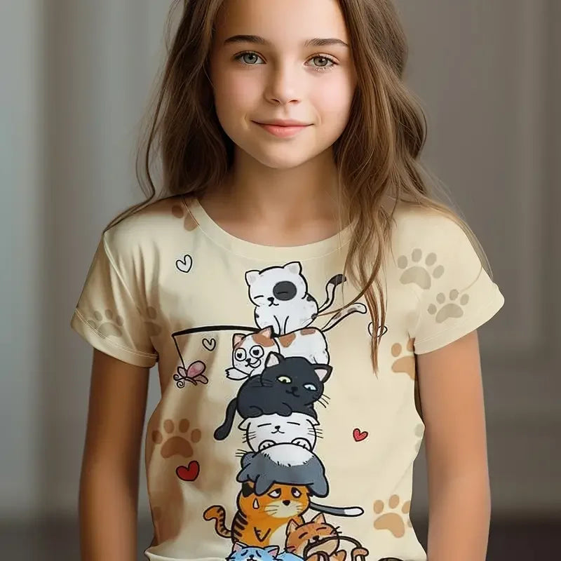 Kids Clothes Children's T-Shirt Girl Short Sleeve Top Cartoon Cat Kawaii Girls Summer Clothes Child T-Shirt  Children's Clothing